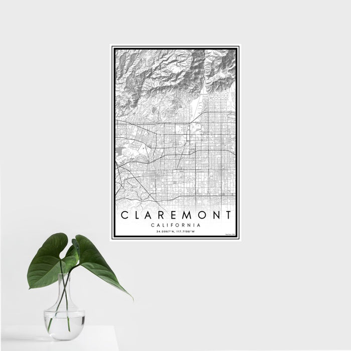 16x24 Claremont California Map Print Portrait Orientation in Classic Style With Tropical Plant Leaves in Water