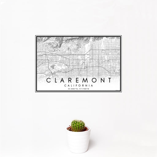 12x18 Claremont California Map Print Landscape Orientation in Classic Style With Small Cactus Plant in White Planter