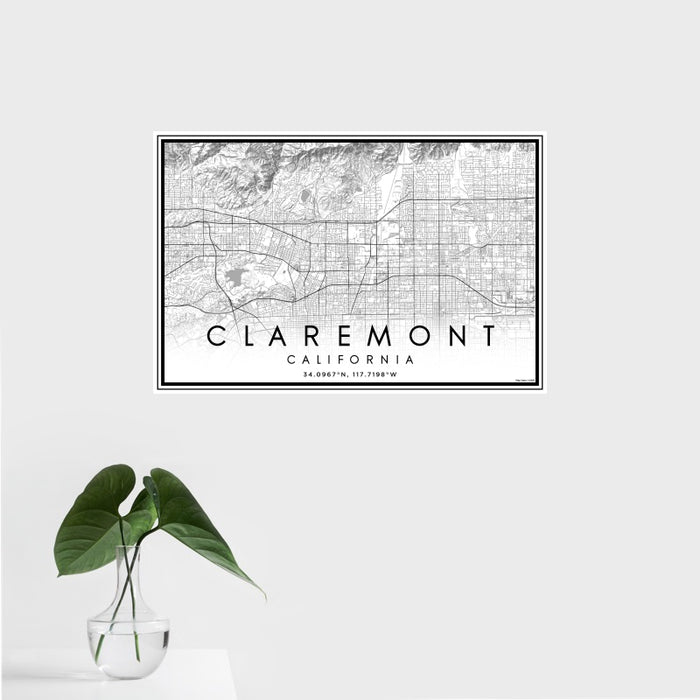 16x24 Claremont California Map Print Landscape Orientation in Classic Style With Tropical Plant Leaves in Water