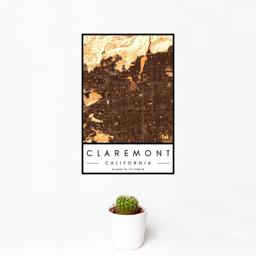 12x18 Claremont California Map Print Portrait Orientation in Ember Style With Small Cactus Plant in White Planter
