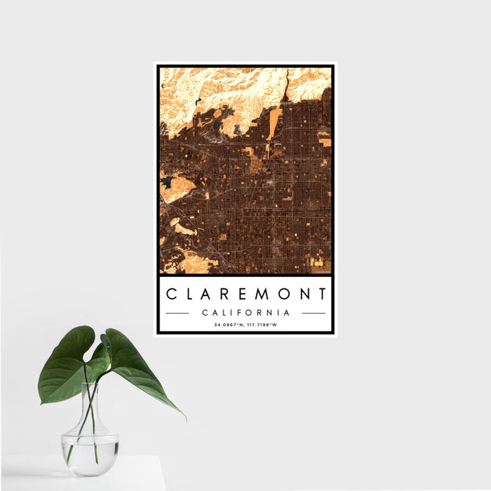 16x24 Claremont California Map Print Portrait Orientation in Ember Style With Tropical Plant Leaves in Water