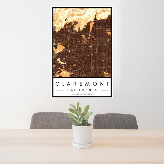 24x36 Claremont California Map Print Portrait Orientation in Ember Style Behind 2 Chairs Table and Potted Plant