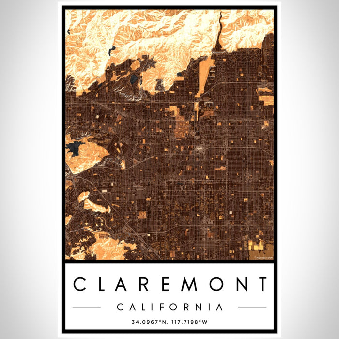 Claremont California Map Print Portrait Orientation in Ember Style With Shaded Background