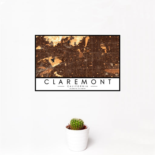 12x18 Claremont California Map Print Landscape Orientation in Ember Style With Small Cactus Plant in White Planter