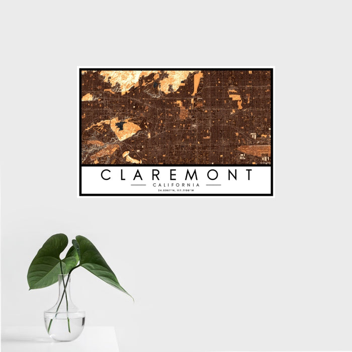 16x24 Claremont California Map Print Landscape Orientation in Ember Style With Tropical Plant Leaves in Water