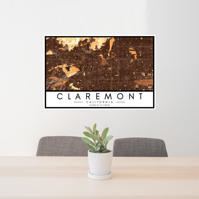 24x36 Claremont California Map Print Landscape Orientation in Ember Style Behind 2 Chairs Table and Potted Plant