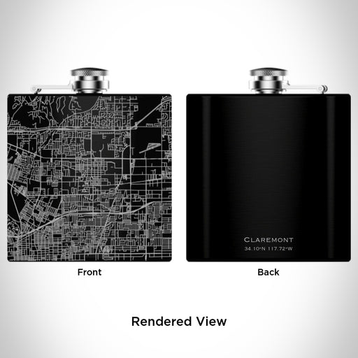 Rendered View of Claremont California Map Engraving on 6oz Stainless Steel Flask in Black