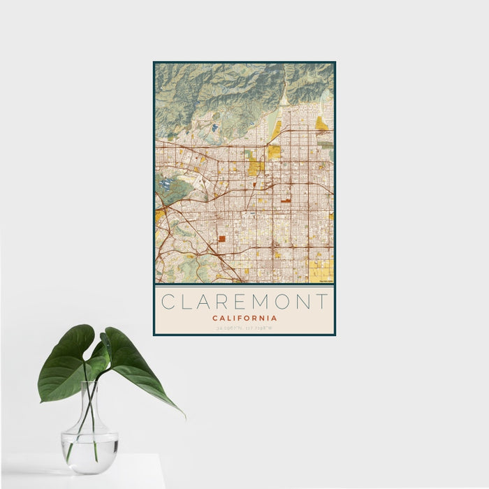 16x24 Claremont California Map Print Portrait Orientation in Woodblock Style With Tropical Plant Leaves in Water