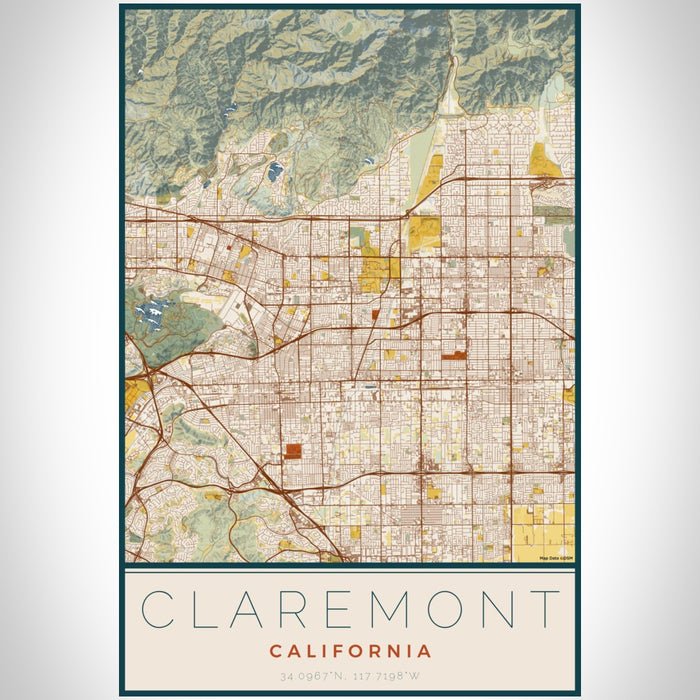 Claremont California Map Print Portrait Orientation in Woodblock Style With Shaded Background