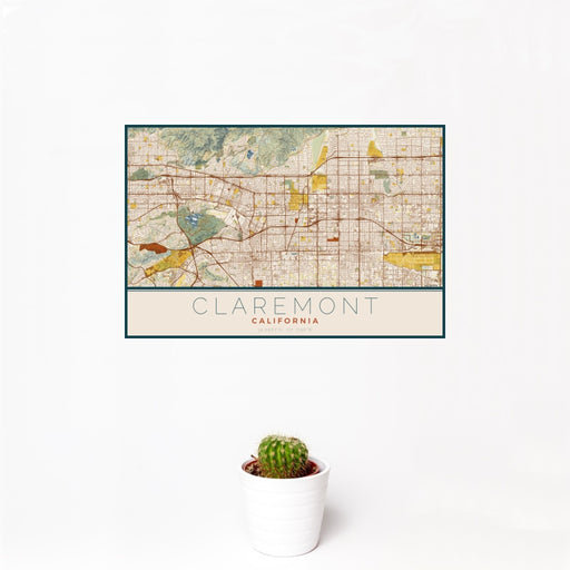 12x18 Claremont California Map Print Landscape Orientation in Woodblock Style With Small Cactus Plant in White Planter