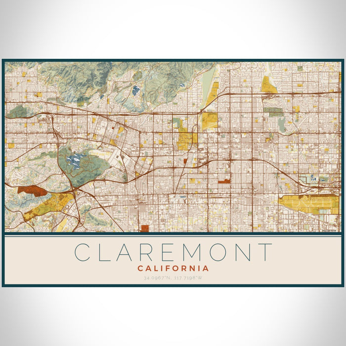 Claremont California Map Print Landscape Orientation in Woodblock Style With Shaded Background