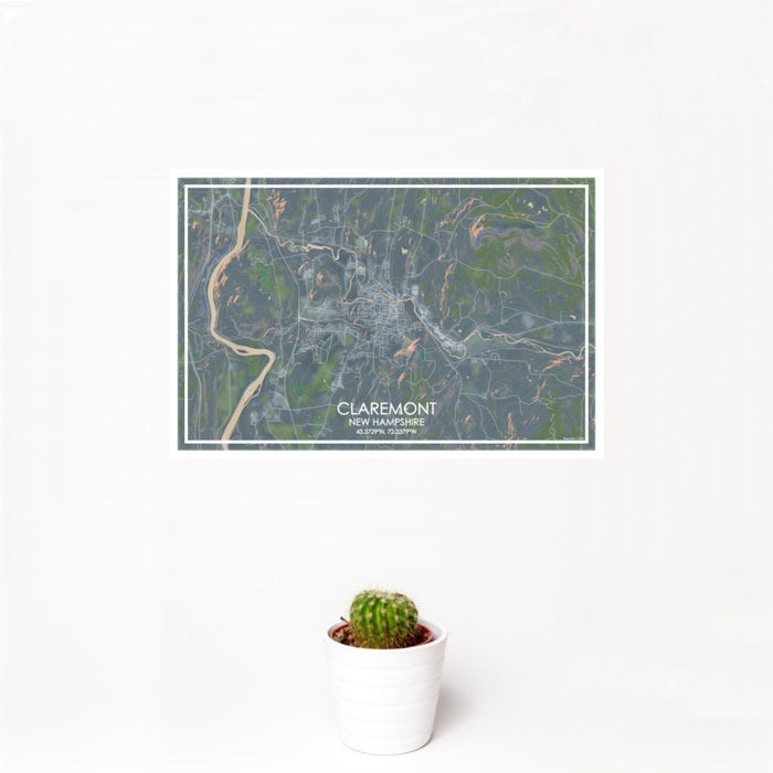 12x18 Claremont New Hampshire Map Print Landscape Orientation in Afternoon Style With Small Cactus Plant in White Planter