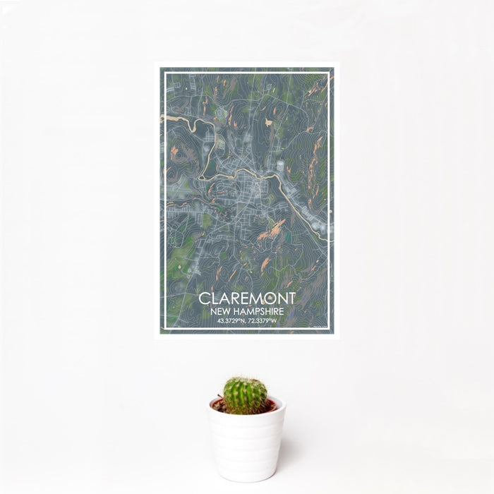 12x18 Claremont New Hampshire Map Print Portrait Orientation in Afternoon Style With Small Cactus Plant in White Planter
