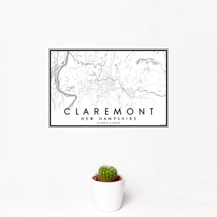 12x18 Claremont New Hampshire Map Print Landscape Orientation in Classic Style With Small Cactus Plant in White Planter