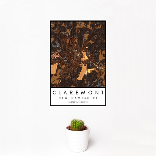 12x18 Claremont New Hampshire Map Print Portrait Orientation in Ember Style With Small Cactus Plant in White Planter