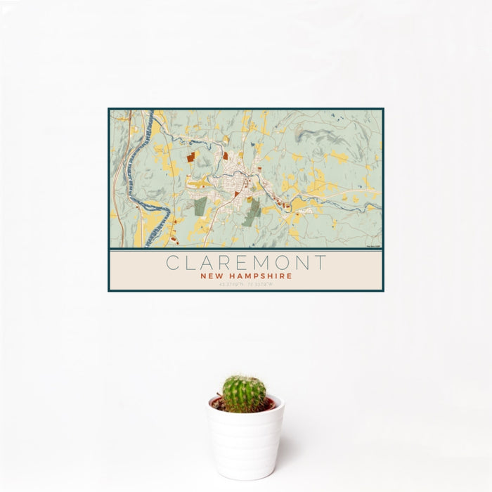 12x18 Claremont New Hampshire Map Print Landscape Orientation in Woodblock Style With Small Cactus Plant in White Planter