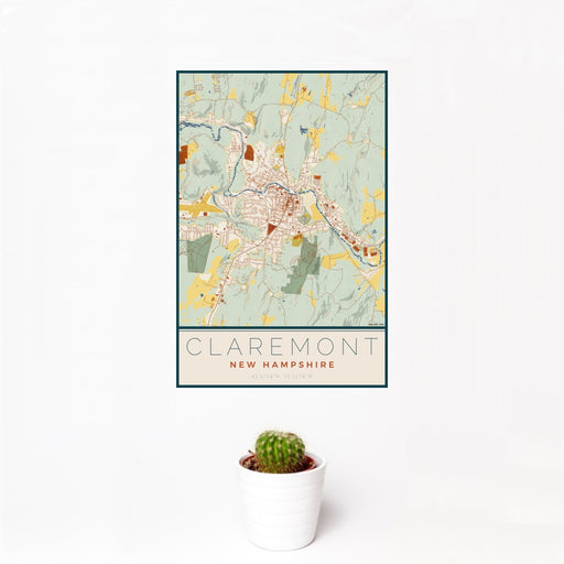 12x18 Claremont New Hampshire Map Print Portrait Orientation in Woodblock Style With Small Cactus Plant in White Planter
