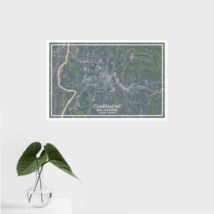 16x24 Claremont New Hampshire Map Print Landscape Orientation in Afternoon Style With Tropical Plant Leaves in Water