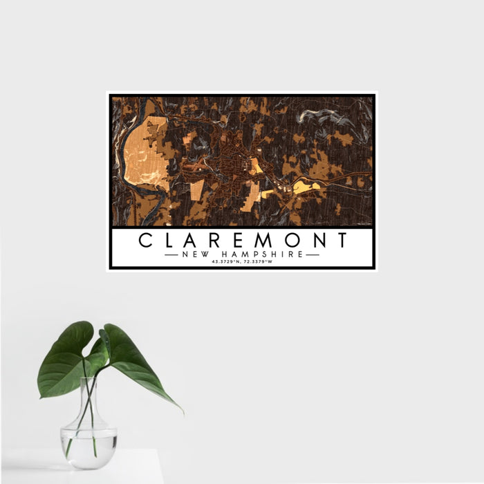 16x24 Claremont New Hampshire Map Print Landscape Orientation in Ember Style With Tropical Plant Leaves in Water