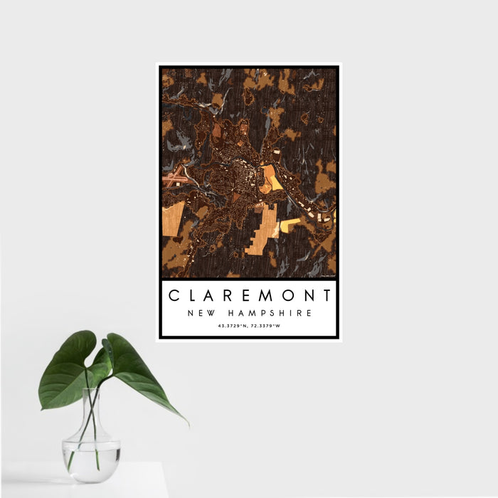 16x24 Claremont New Hampshire Map Print Portrait Orientation in Ember Style With Tropical Plant Leaves in Water