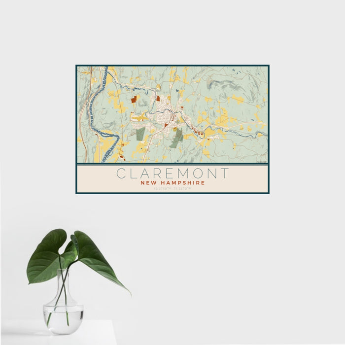 16x24 Claremont New Hampshire Map Print Landscape Orientation in Woodblock Style With Tropical Plant Leaves in Water