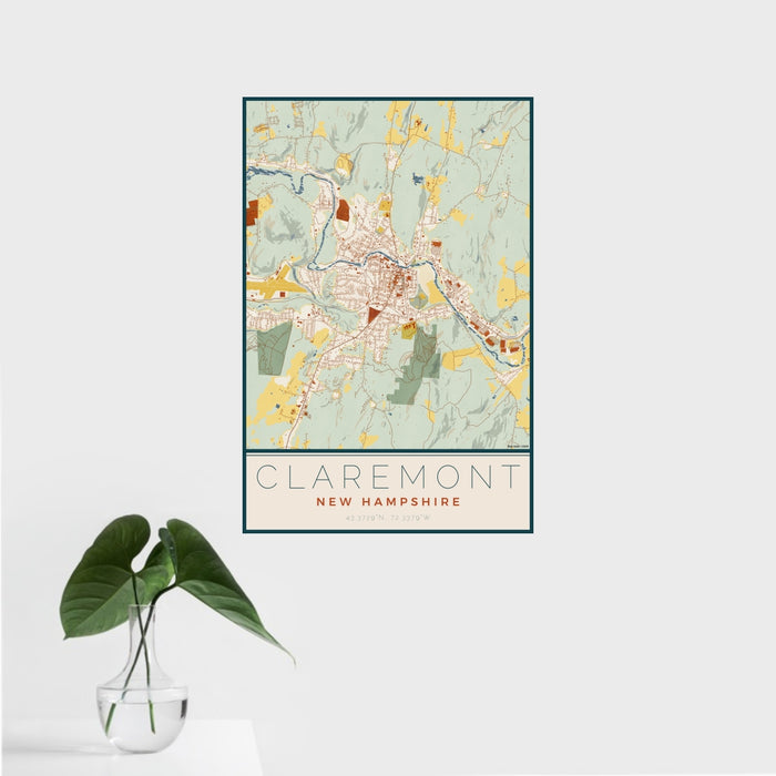 16x24 Claremont New Hampshire Map Print Portrait Orientation in Woodblock Style With Tropical Plant Leaves in Water