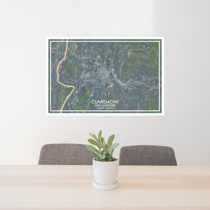 24x36 Claremont New Hampshire Map Print Lanscape Orientation in Afternoon Style Behind 2 Chairs Table and Potted Plant