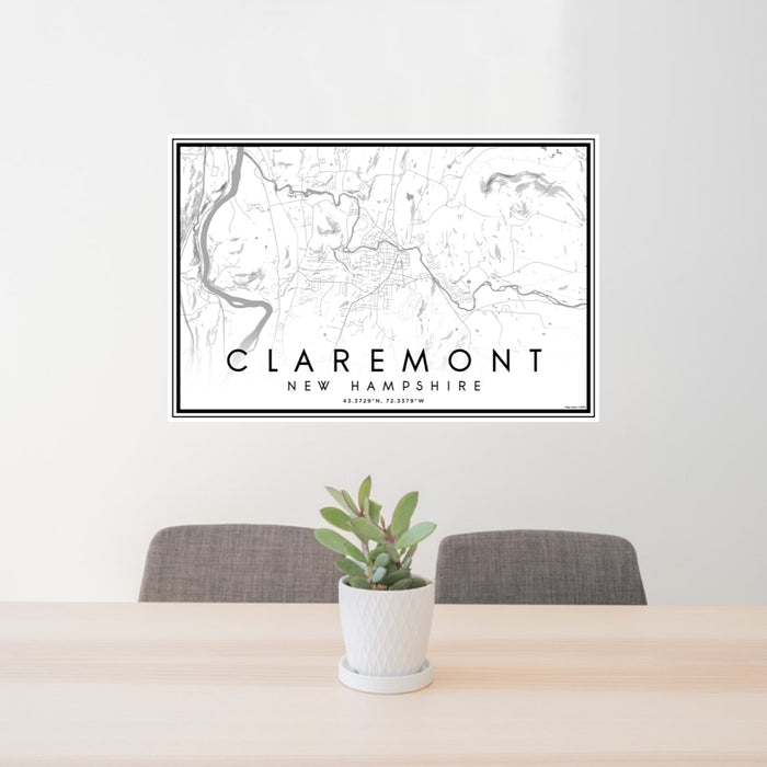 24x36 Claremont New Hampshire Map Print Lanscape Orientation in Classic Style Behind 2 Chairs Table and Potted Plant