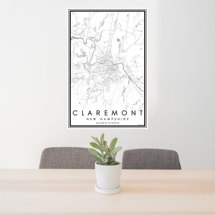 24x36 Claremont New Hampshire Map Print Portrait Orientation in Classic Style Behind 2 Chairs Table and Potted Plant