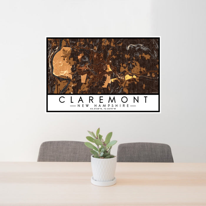 24x36 Claremont New Hampshire Map Print Lanscape Orientation in Ember Style Behind 2 Chairs Table and Potted Plant