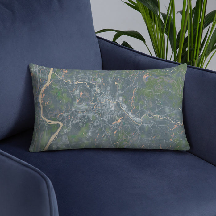 Custom Claremont New Hampshire Map Throw Pillow in Afternoon on Blue Colored Chair