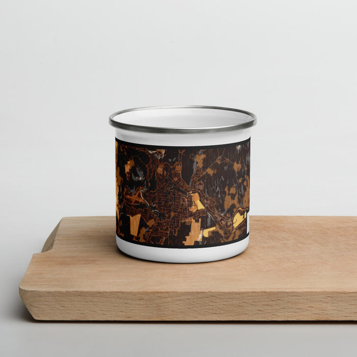 Front View Custom Claremont New Hampshire Map Enamel Mug in Ember on Cutting Board