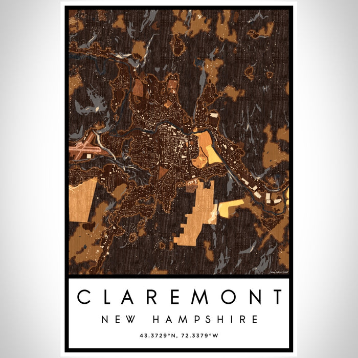 Claremont New Hampshire Map Print Portrait Orientation in Ember Style With Shaded Background