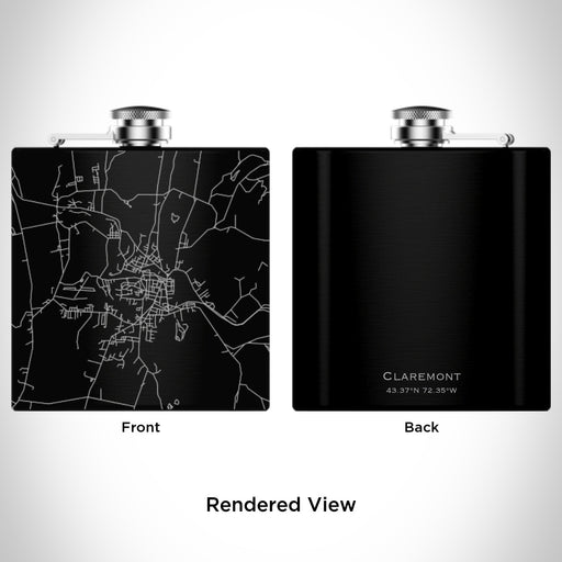 Rendered View of Claremont New Hampshire Map Engraving on 6oz Stainless Steel Flask in Black