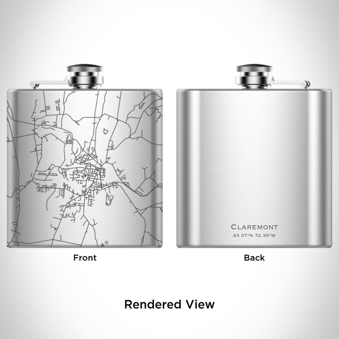 Rendered View of Claremont New Hampshire Map Engraving on 6oz Stainless Steel Flask