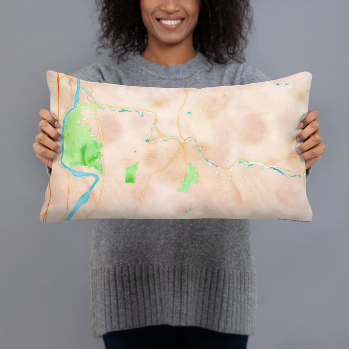Person holding 20x12 Custom Claremont New Hampshire Map Throw Pillow in Watercolor
