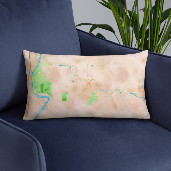 Custom Claremont New Hampshire Map Throw Pillow in Watercolor on Blue Colored Chair