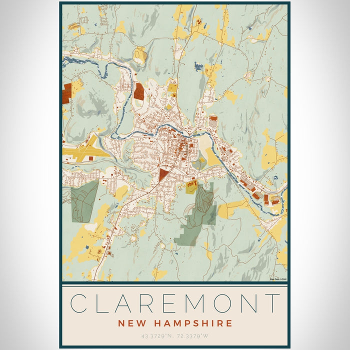 Claremont New Hampshire Map Print Portrait Orientation in Woodblock Style With Shaded Background