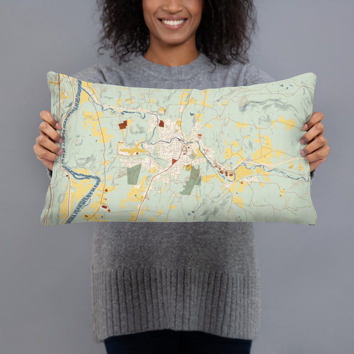 Person holding 20x12 Custom Claremont New Hampshire Map Throw Pillow in Woodblock