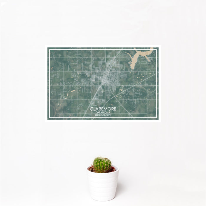 12x18 Claremore Oklahoma Map Print Landscape Orientation in Afternoon Style With Small Cactus Plant in White Planter