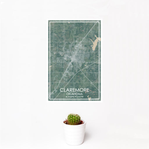 12x18 Claremore Oklahoma Map Print Portrait Orientation in Afternoon Style With Small Cactus Plant in White Planter