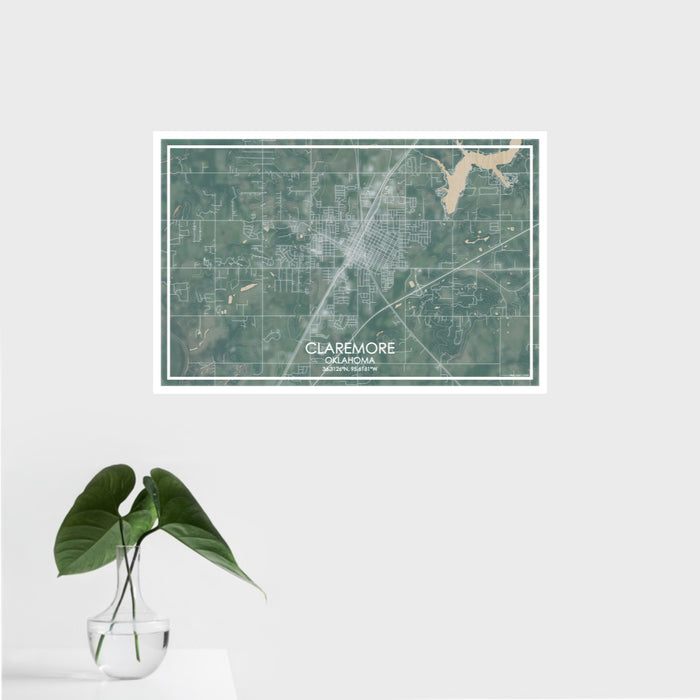 16x24 Claremore Oklahoma Map Print Landscape Orientation in Afternoon Style With Tropical Plant Leaves in Water