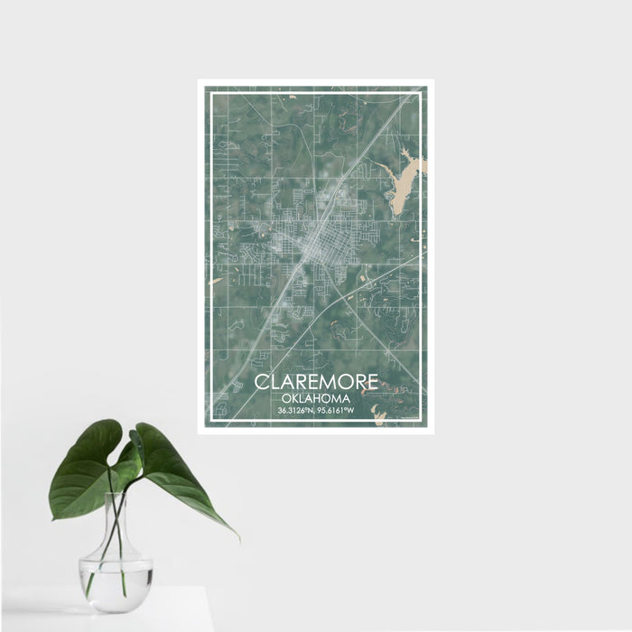 16x24 Claremore Oklahoma Map Print Portrait Orientation in Afternoon Style With Tropical Plant Leaves in Water