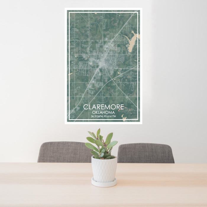 24x36 Claremore Oklahoma Map Print Portrait Orientation in Afternoon Style Behind 2 Chairs Table and Potted Plant