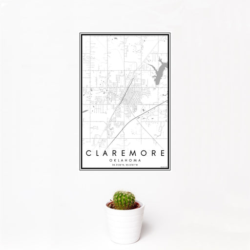 12x18 Claremore Oklahoma Map Print Portrait Orientation in Classic Style With Small Cactus Plant in White Planter