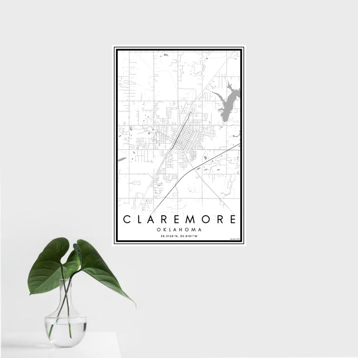 16x24 Claremore Oklahoma Map Print Portrait Orientation in Classic Style With Tropical Plant Leaves in Water