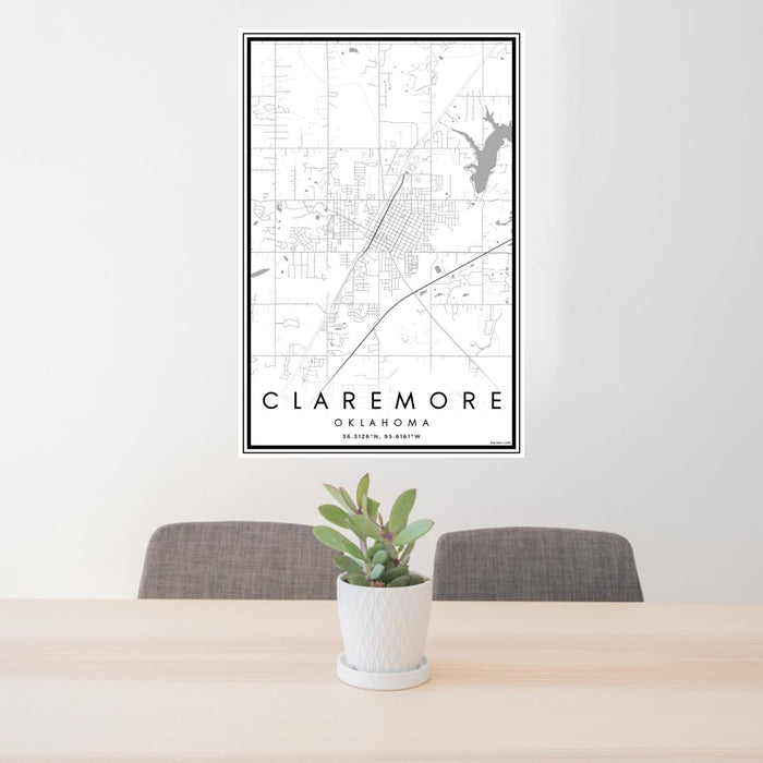 24x36 Claremore Oklahoma Map Print Portrait Orientation in Classic Style Behind 2 Chairs Table and Potted Plant