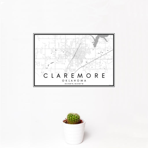 12x18 Claremore Oklahoma Map Print Landscape Orientation in Classic Style With Small Cactus Plant in White Planter