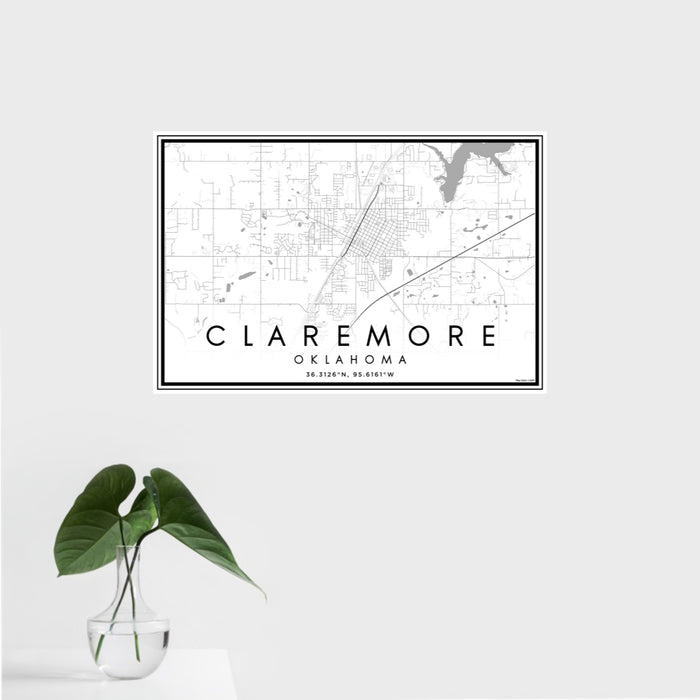16x24 Claremore Oklahoma Map Print Landscape Orientation in Classic Style With Tropical Plant Leaves in Water