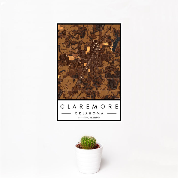 12x18 Claremore Oklahoma Map Print Portrait Orientation in Ember Style With Small Cactus Plant in White Planter